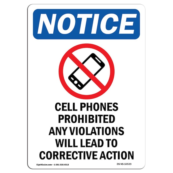 Safety Sign, OSHA Notice, 5" Height, Cell Phones Prohibited Sign With Symbol, Portrait, 10PK